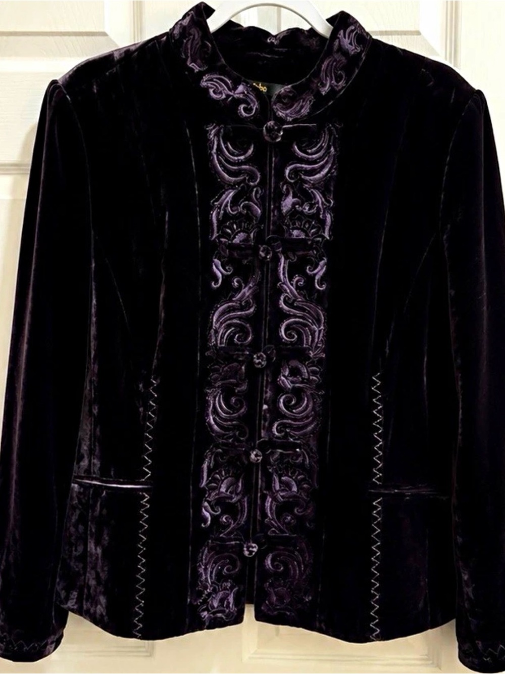 Reba Embroidered Velvet Jacket Womens 18 Black Purple Lined Pockets Button